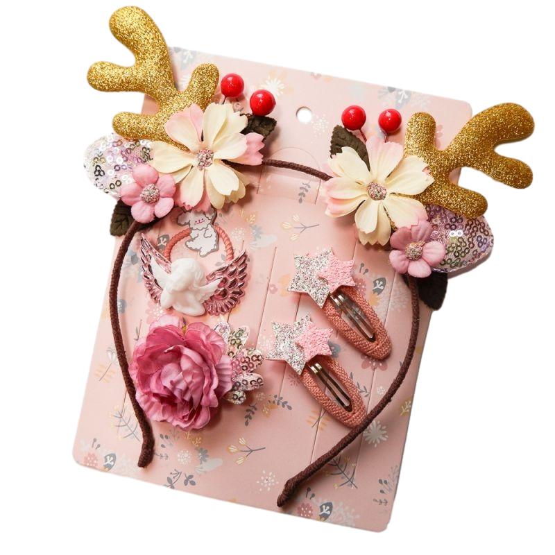 Kit Serre - Tête Noël Fillette | Bois de Renne Pailleté avec Fleurs Cheveux ponpon