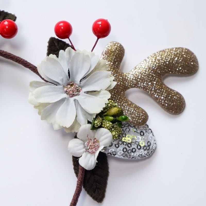 Kit Serre - Tête Noël Fillette | Bois de Renne Pailleté avec Fleurs Accessoires,Cheveux, Noel Enfant- bois, de, renne or