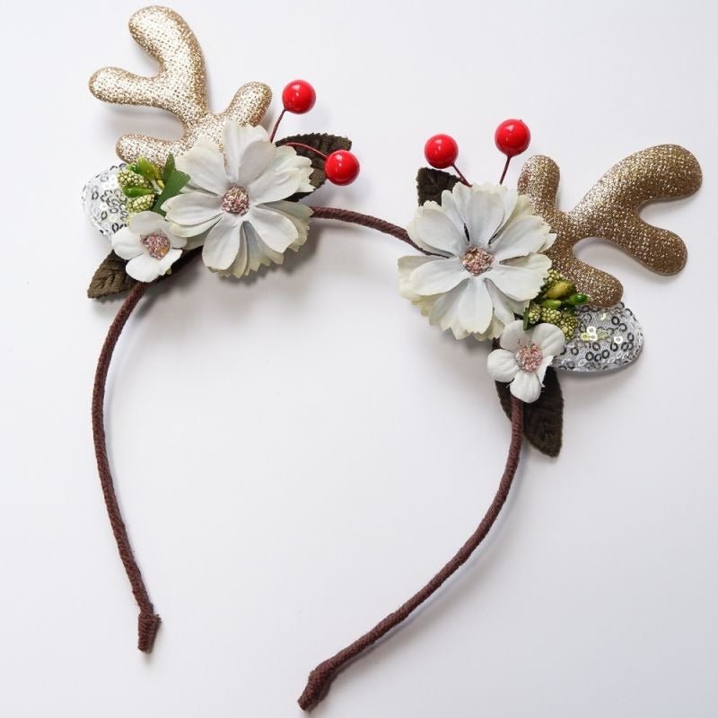 Kit Serre - Tête Noël Fillette | Bois de Renne Pailleté avec FleursAccessoires,Cheveux, Noel Enfant- bois, de, renne or ponpon