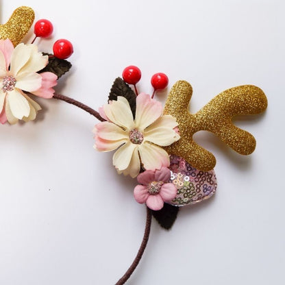 Kit Serre - Tête Noël Fillette | Bois de Renne Pailleté avec Fleurs Accessoires,Cheveux, Noel Enfant- bois, de, renne or