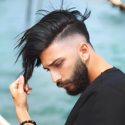 perruque homme, Postiche homme cheveux naturels, sur la tete d'un homme avec la coupe Undercut de coté avec raie