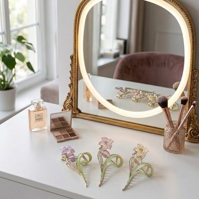 Pince cheveux fleur, luxe ,sur table de maquillage avec miroire