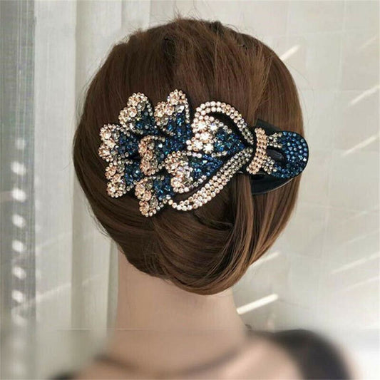 Pince Plate Pour Cheveux  Fleur Strass Antidérapante,  Chignon Elegance, noir,or, femme