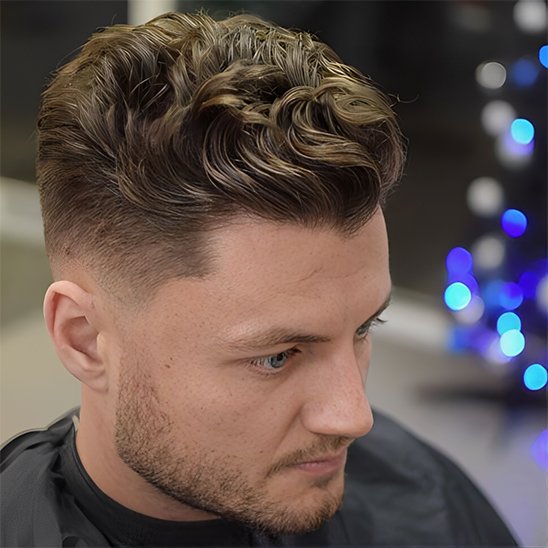 Postiche Calvitie homme , sur la tete d'un homme dans un salon de coiffure .