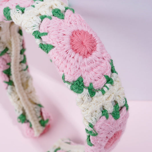 serre tete femme tricote rose vers