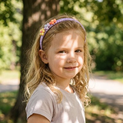 Serre tete fillette, sur la tete d'une petite fille qui est a coté d'un grand abre