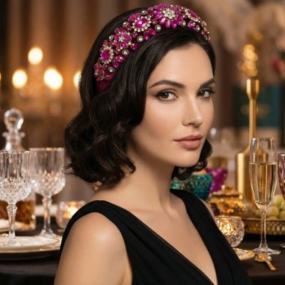 serre-tête femme chic rose fuchsia en velours orné de perles et cristeaux  roses pour coiffure de soirée préstigieuse