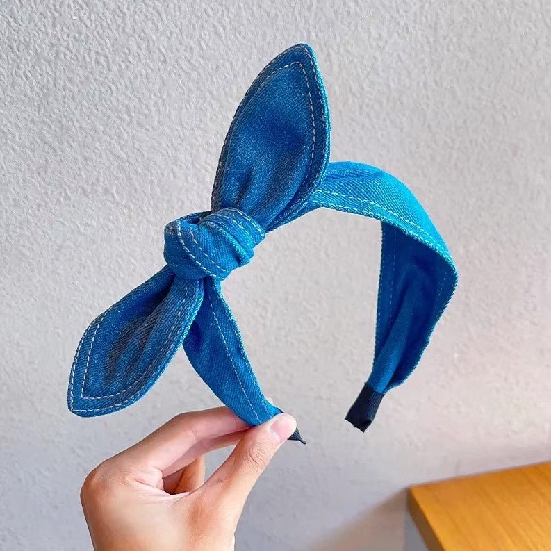 Serre tete pour fillette jean fin grand noeud oval