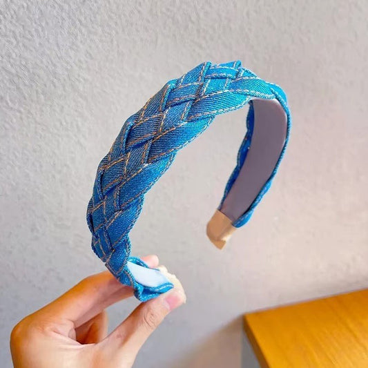 Serre tete pour fillette jean fin bleu marine tresse matte
